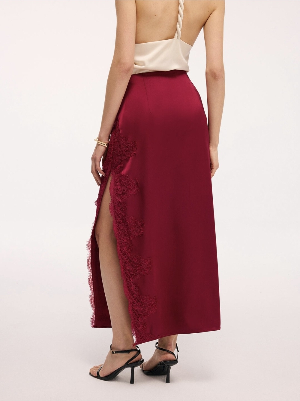 Commense Burgundy Lace-Trim Maxi Skirt with Side Slit